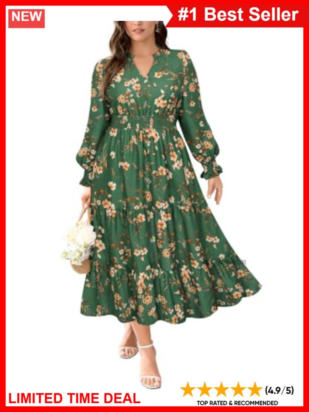 Plus Size Floral Maxi Dress Long Sleeve V Neck A-Line Boho Casual